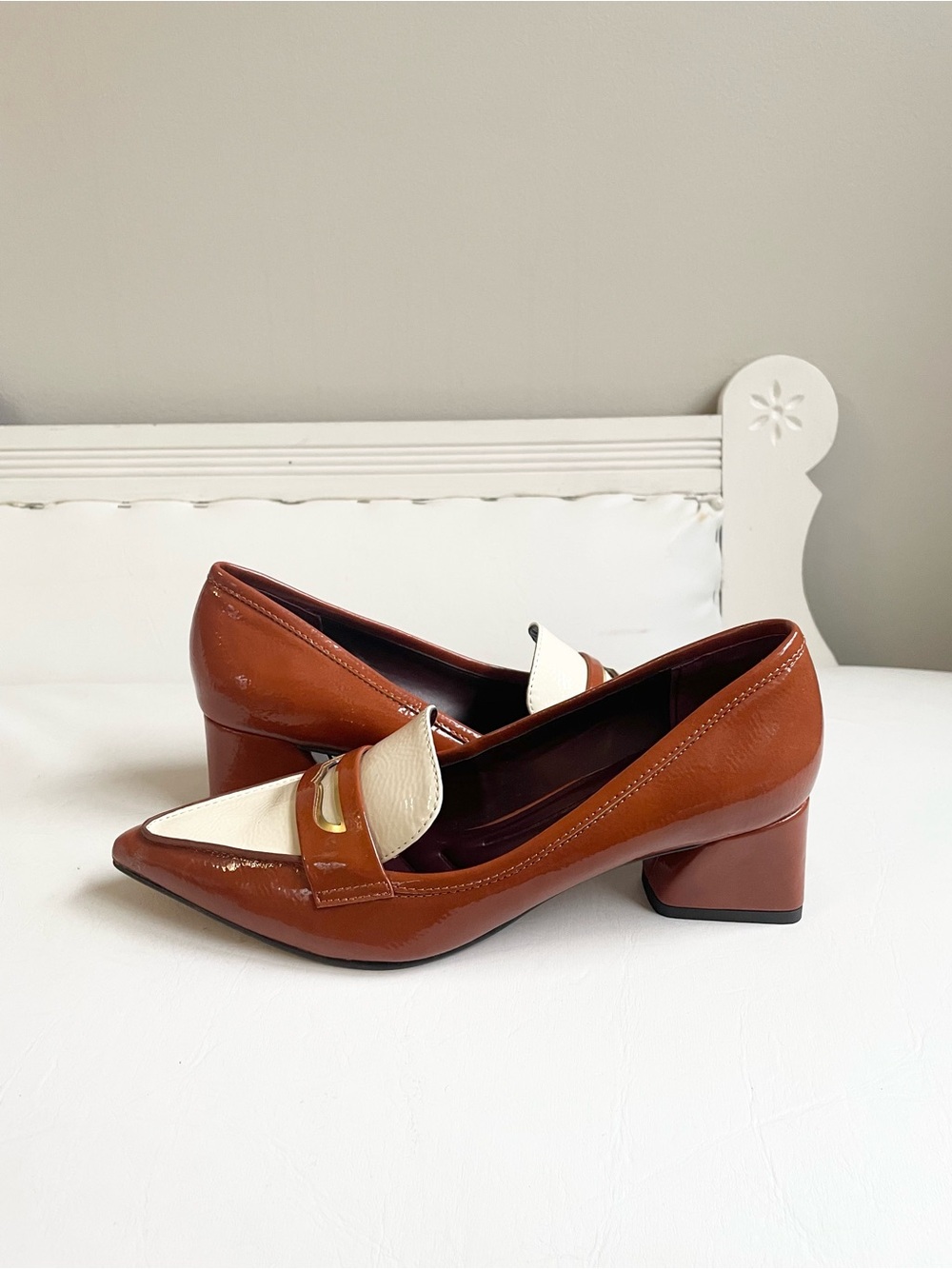 FRANCO SARTO RUST CREAM GOLD LOAFERS OXFORD BLOCK HEEL SHOES
